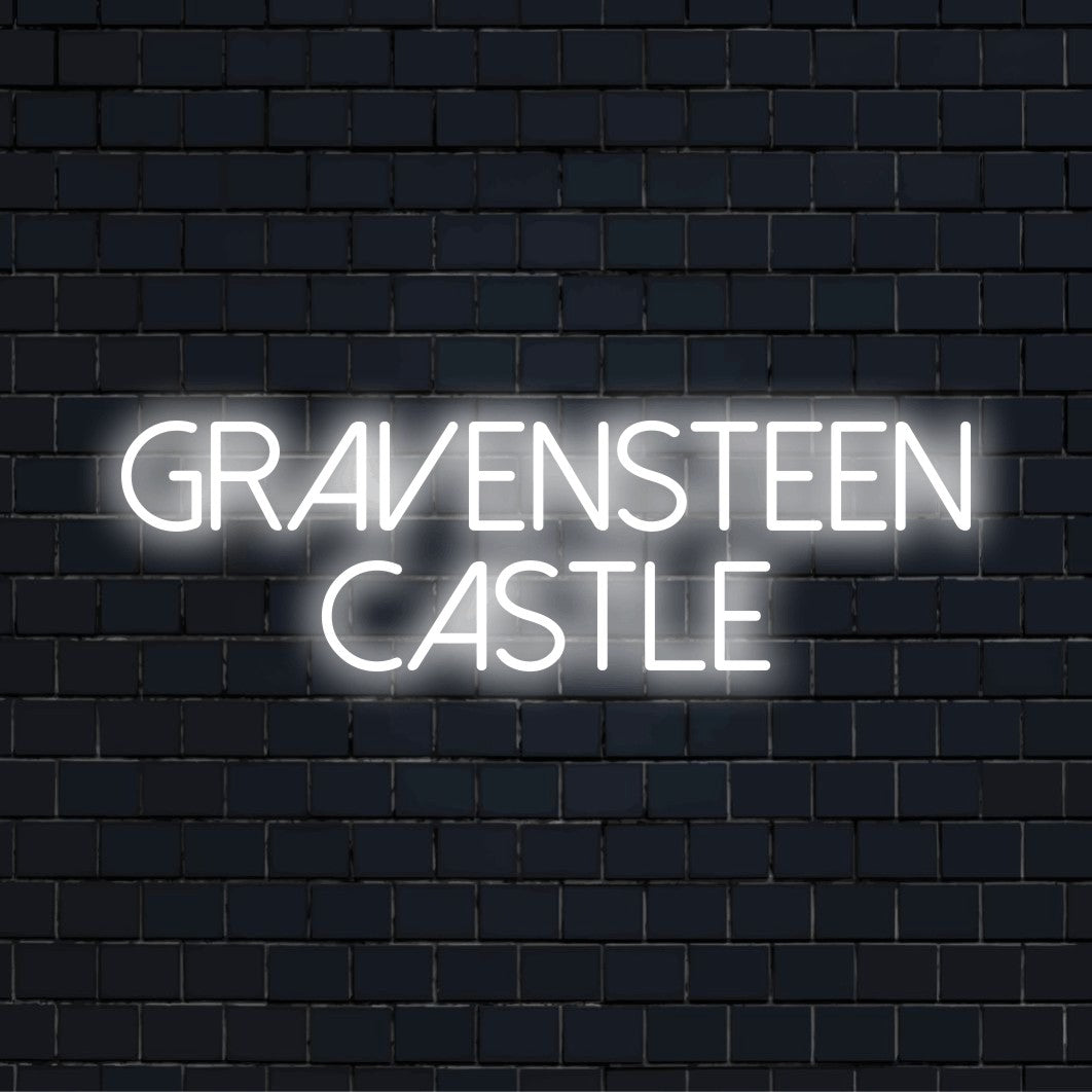 Gravensteen Castle Neon Light with bright neon glow on dark brick background