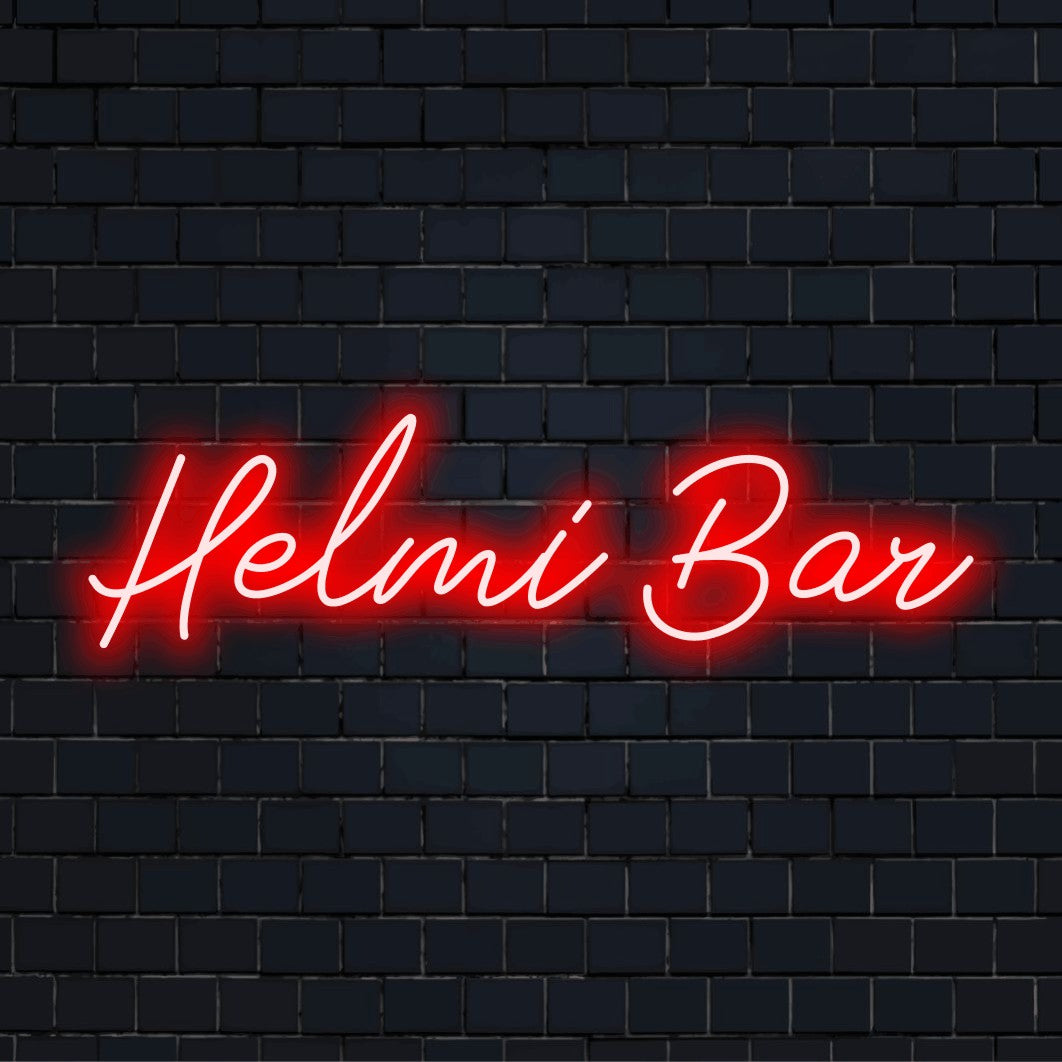 Helmi Bar Custom Name Neon Sign, soft neon glow on dark brick wall