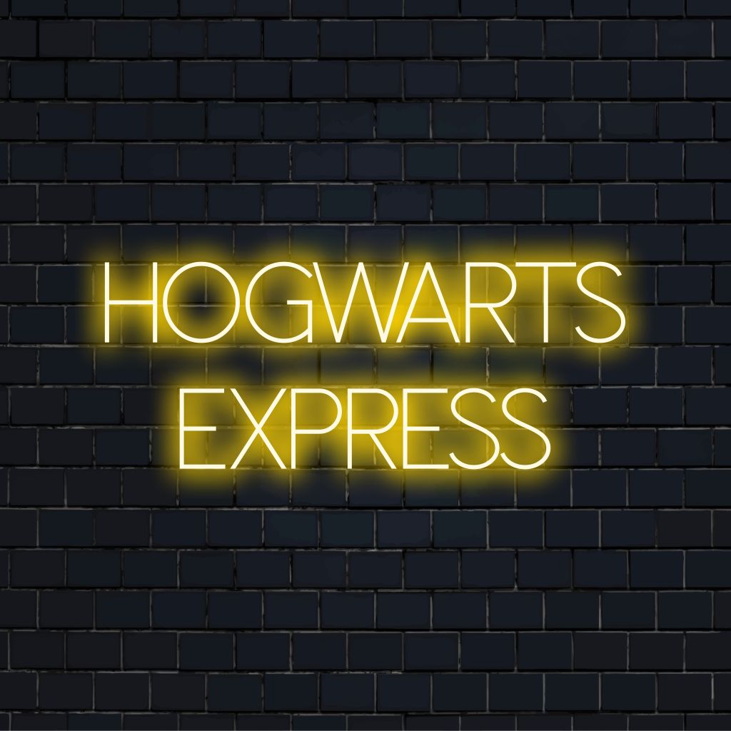 Hogwarts Express Neon Sign, bright neon glow on dark brick wall