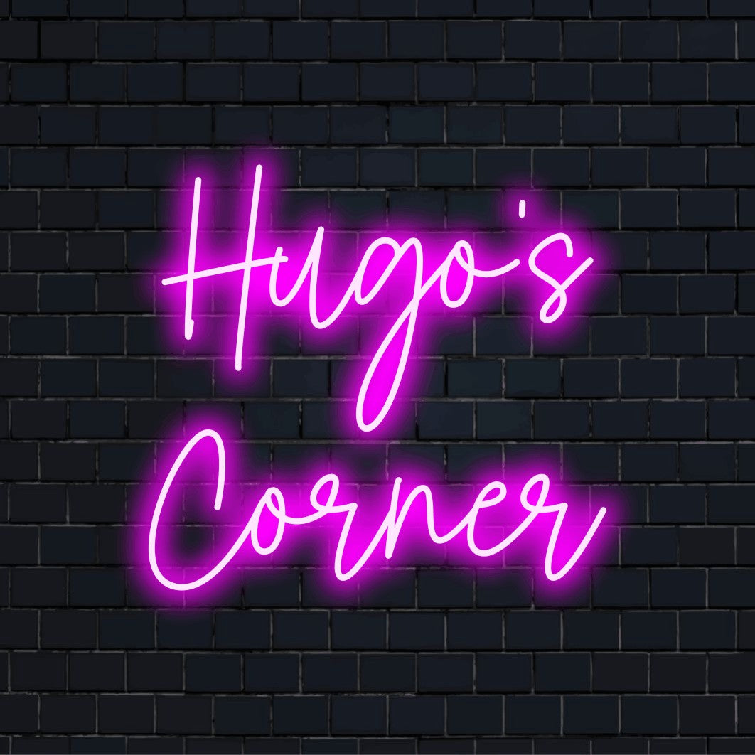 Hugo_s Corner Personalized Neon Light with bright LED glow on black brick background