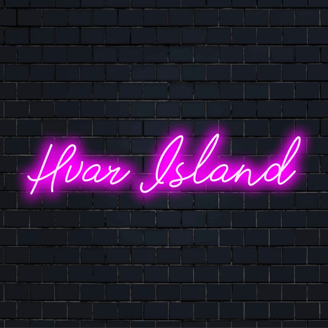 Hvar Island Neon Light with bright LED glow on black brick background