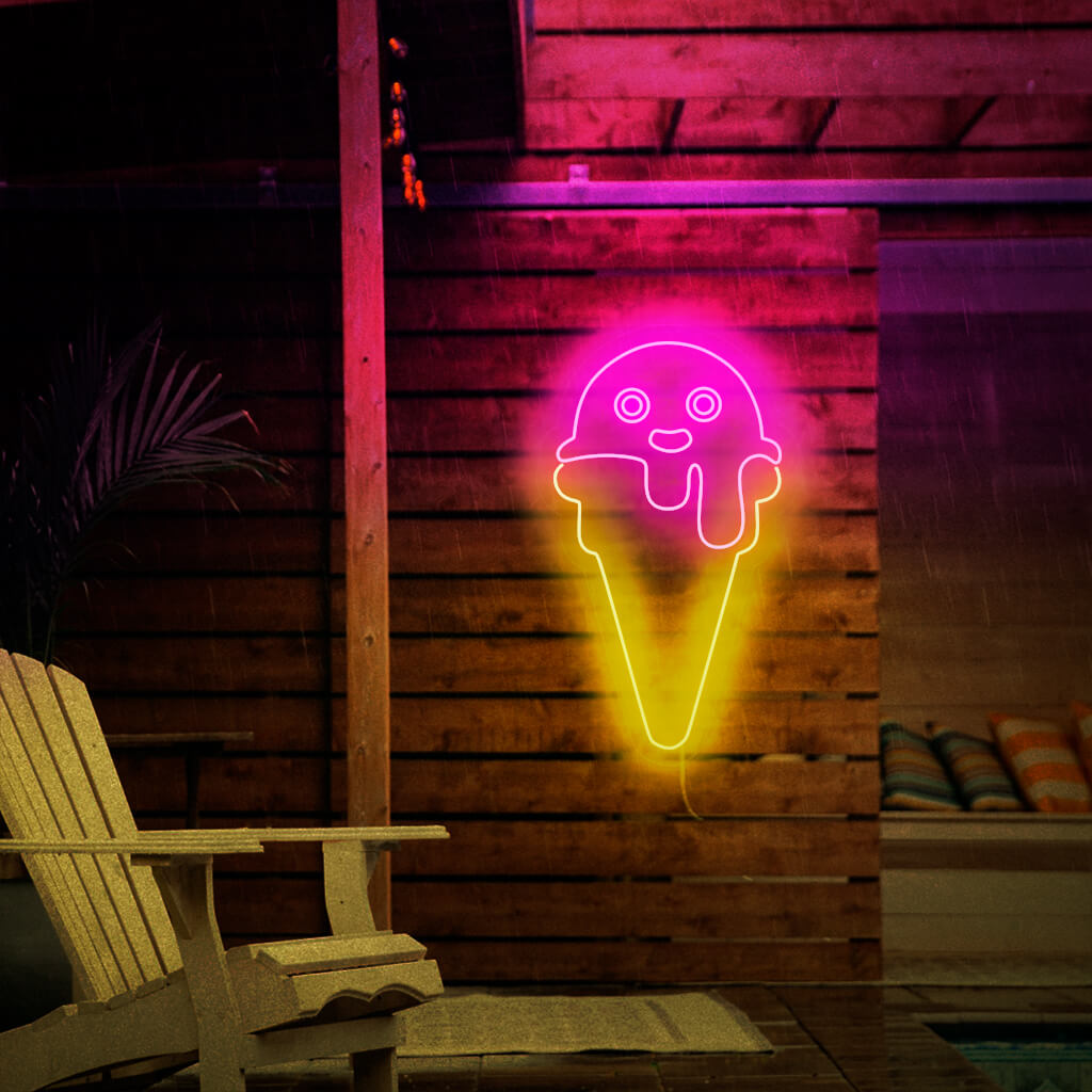 Ein Eiscreme-Neonschild für eine Dekoration mit Dessertthema, das ein lebendiges und fesselndes Licht ausstrahlt.