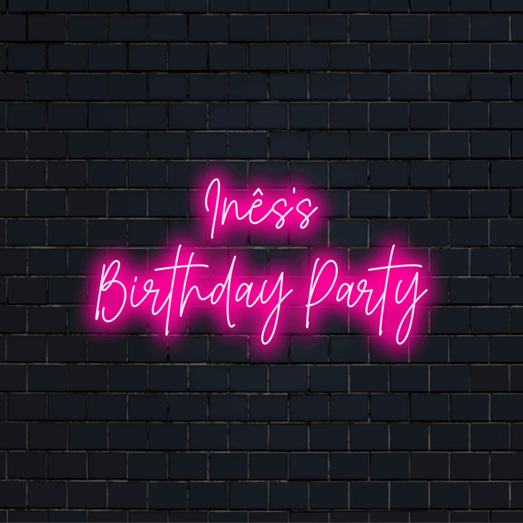 Ines_s Birthday Party Personalized Neon Light with bright neon glow on black brick background