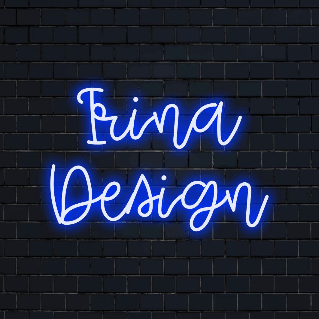 Irina Design Custom Name Neon Sign, soft neon glow on dark brick background
