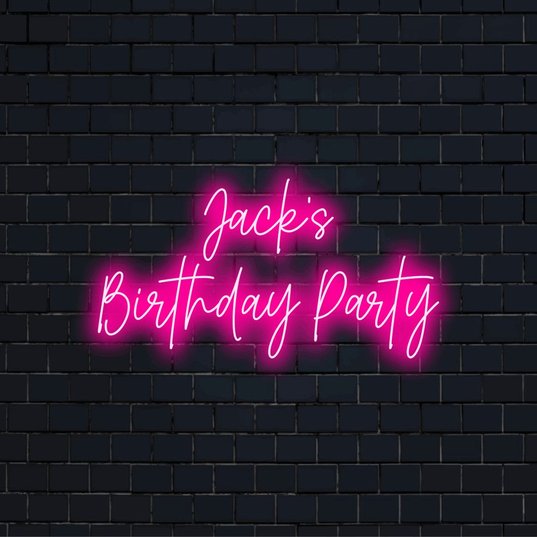 Jack_s Birthday Party Custom Name Neon Sign, soft neon glow against black brick wall