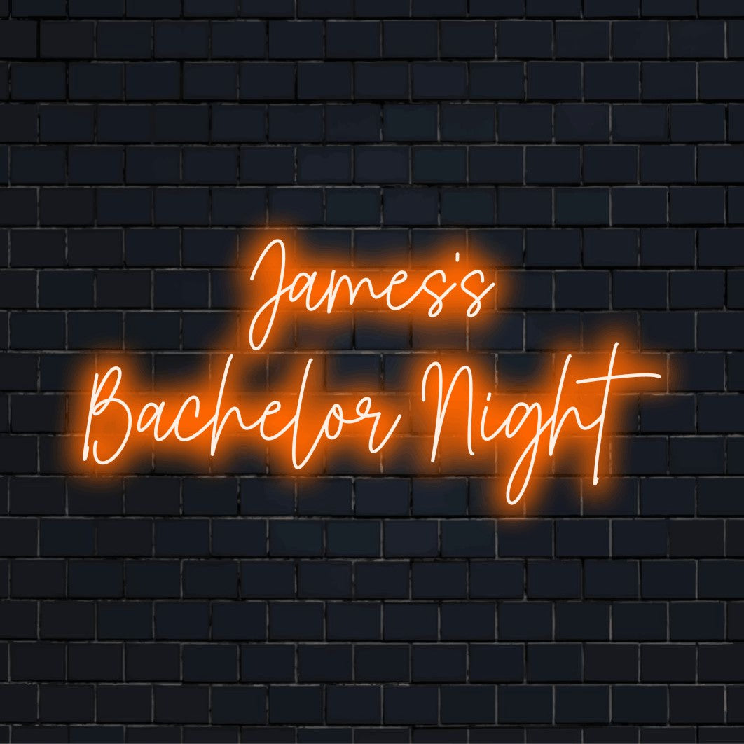 James_s Bachelor Night Custom Name Neon Sign, bright neon glow against black brick wall