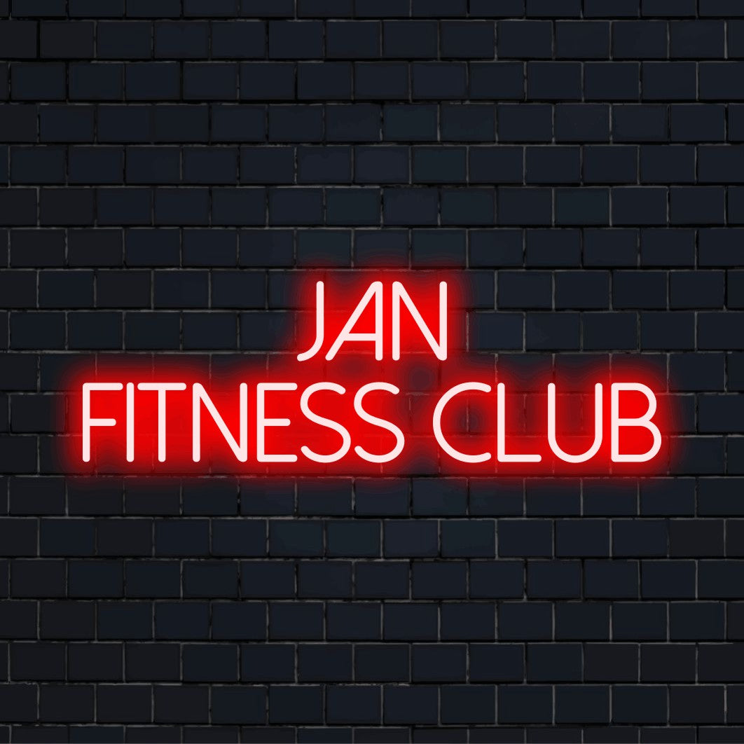 Jan Fitness Club Custom Name Neon Sign, neon text light on black brick background