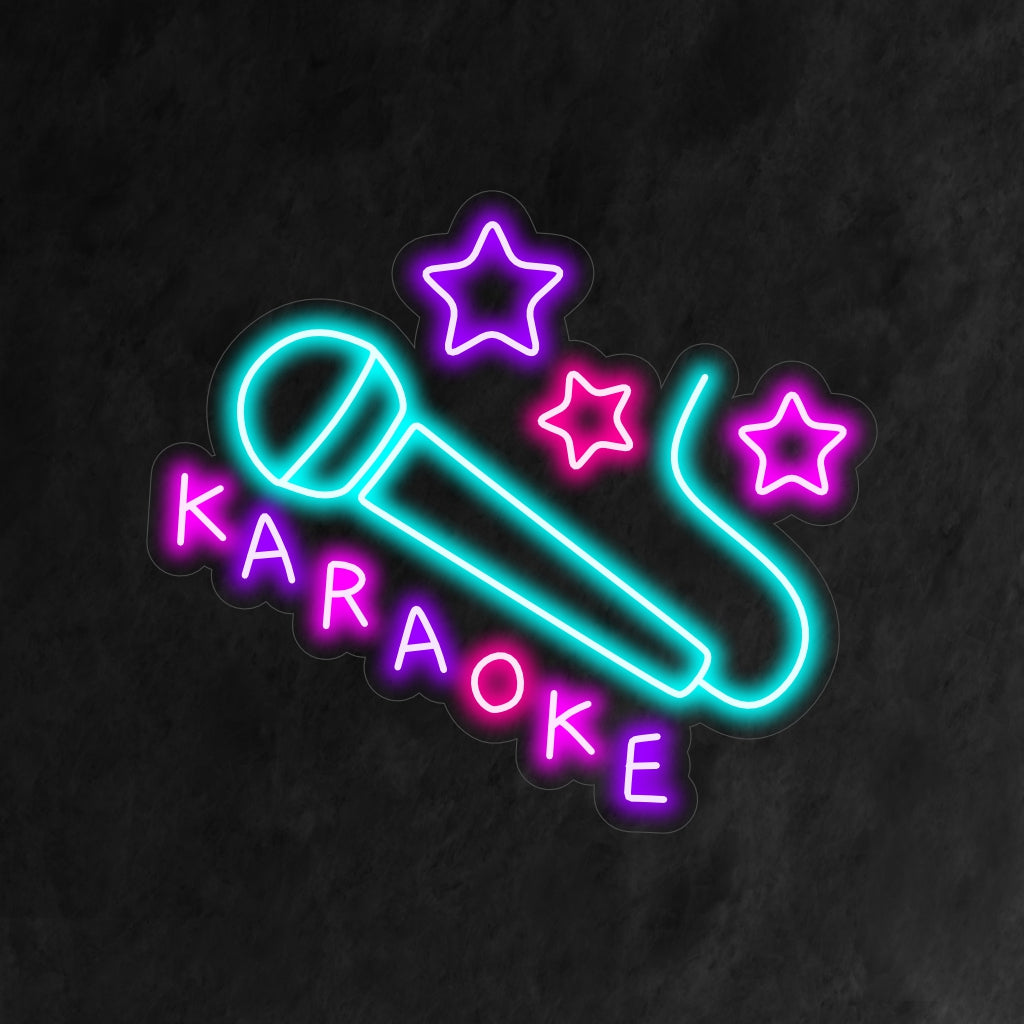 Ein lebendiges Karaoke-Neonschild, perfekt für eine Dekoration mit Musikthema, das ein lebendiges und energiegeladenes Licht ausstrahlt, das die Bühne für ein unvergessliches Gesangserlebnis bereitet.