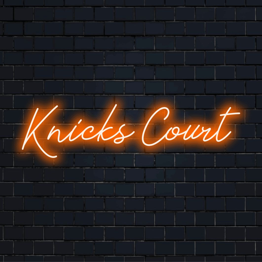 Knicks Court Neon Sign, glowing wall decor on dark brick background
