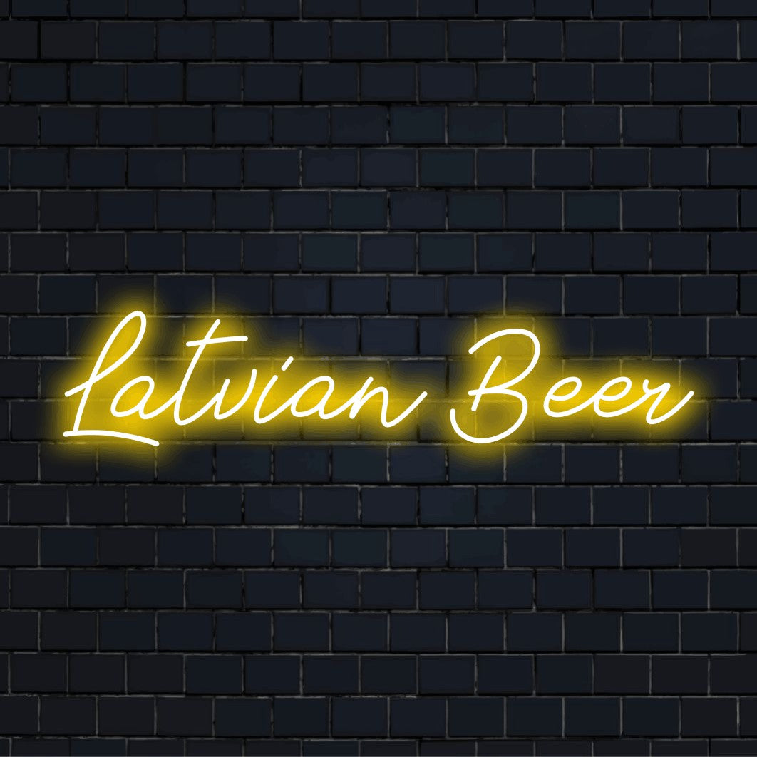 Latvian Beer Neon Sign, soft neon glow on dark brick background