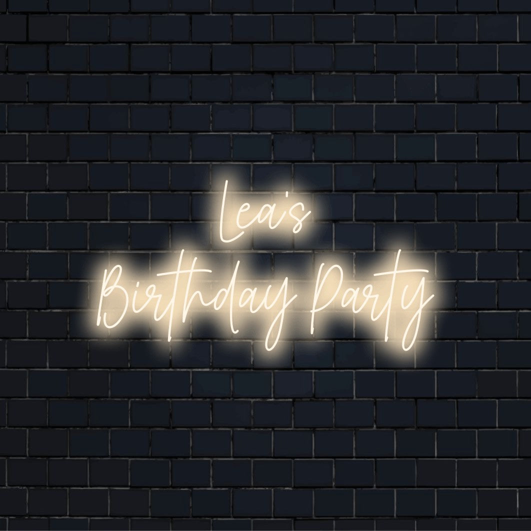 Lea_s Birthday Party Custom Name Neon Sign, bright neon lettering against brick backdrop