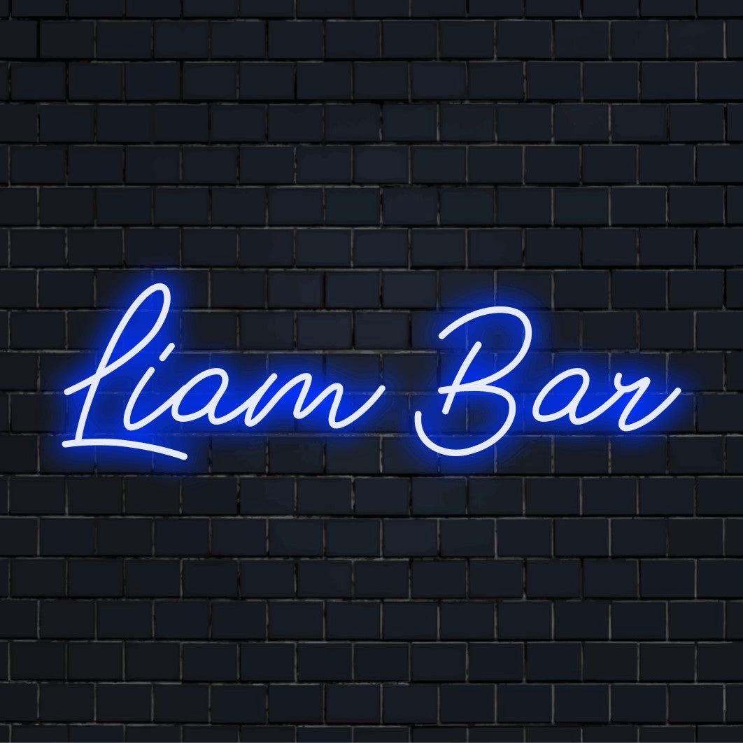 Liam Bar Custom Name Neon Sign, soft neon glow on black brick background