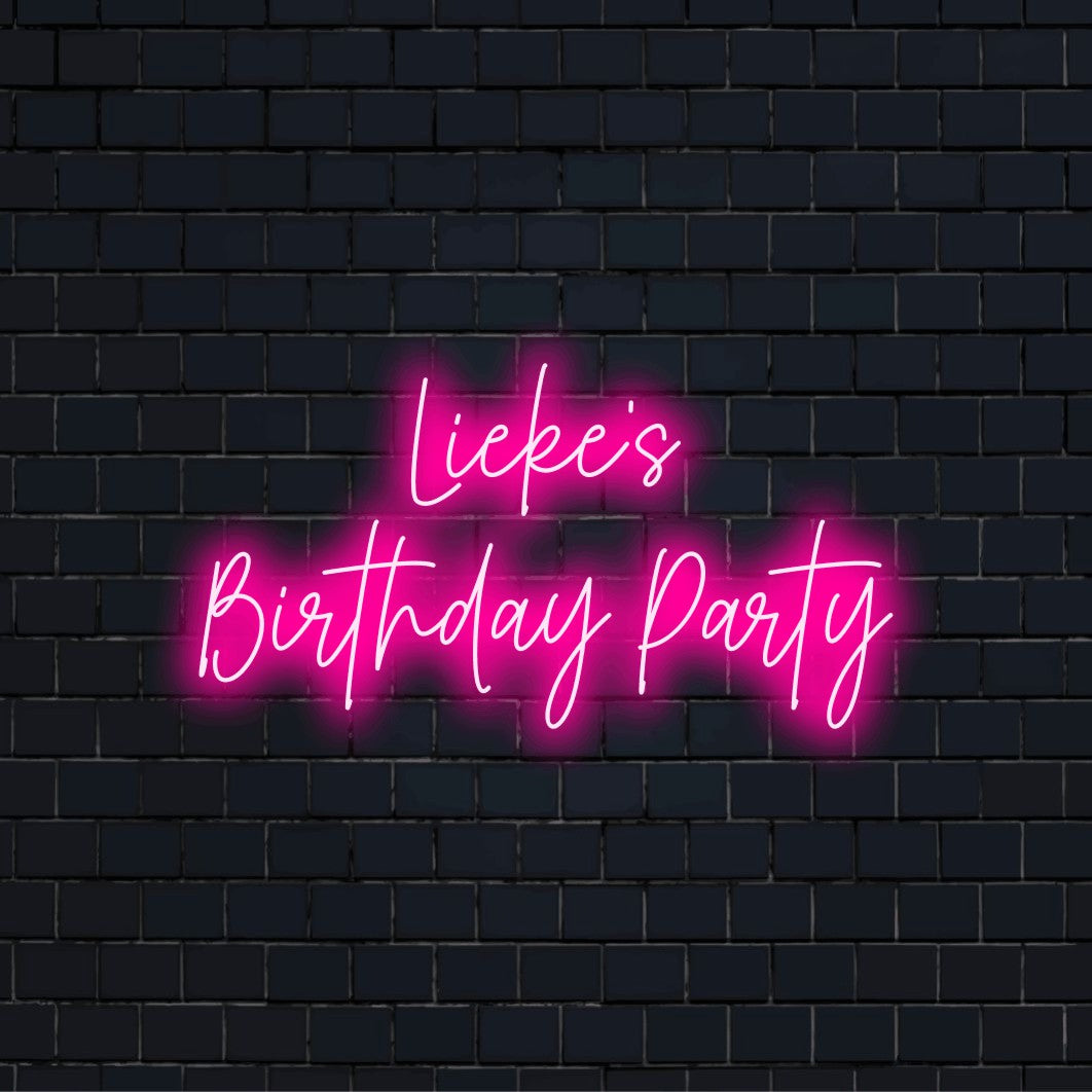 Lieke_s Birthday Party Personalized LED Neon Sign, glowing neon text on dark brick background