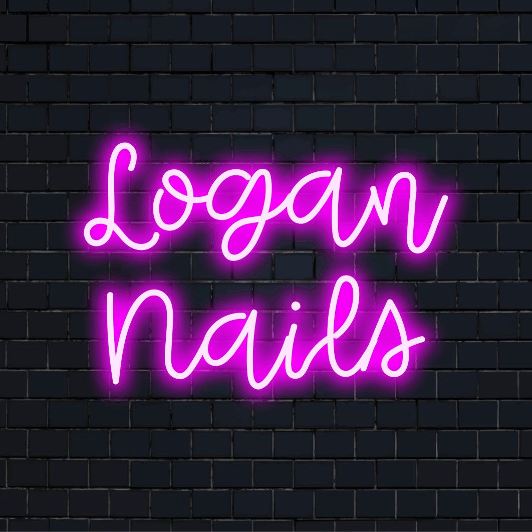 Logan Nails Personalized LED Neon Sign, bright neon lettering against brick backdrop