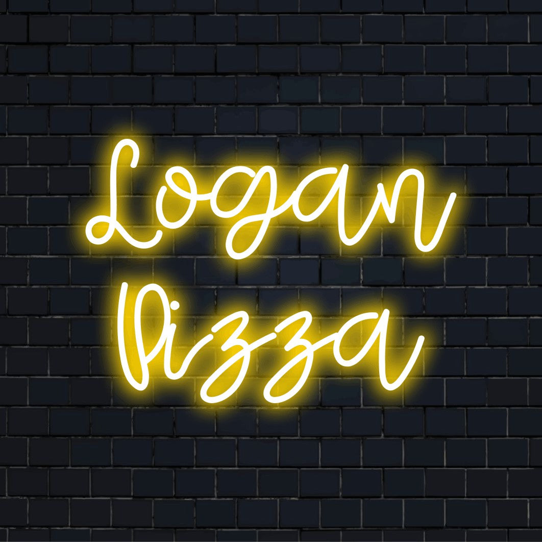 Logan Pizza Personalized LED Neon Sign, soft neon glow on dark brick background