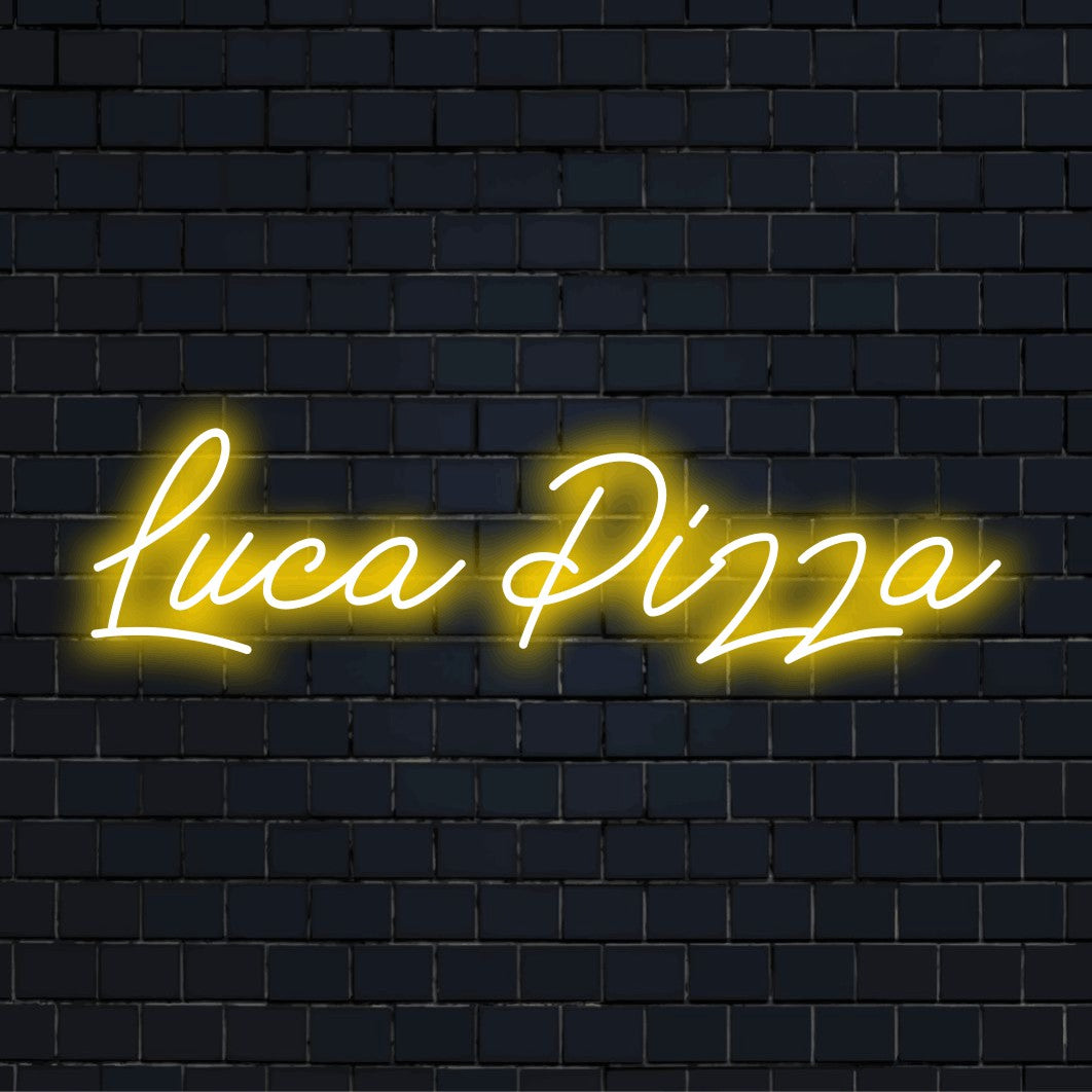 Luca Pizza Custom Name Neon Sign, bright LED glow against brick backdrop
