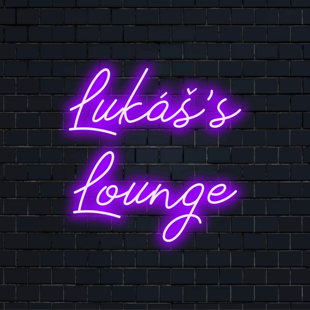 Lukas_s Lounge Custom Name Neon Sign, glowing neon text against black brick wall