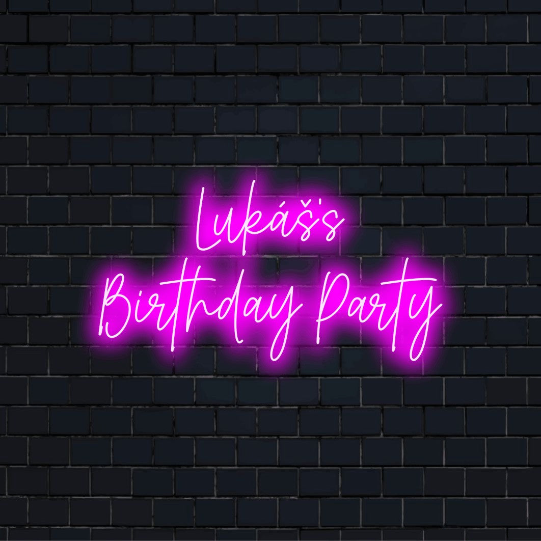 Lukas_s Birthday Party Personalized LED Neon Sign, glowing wall decor on black brick background