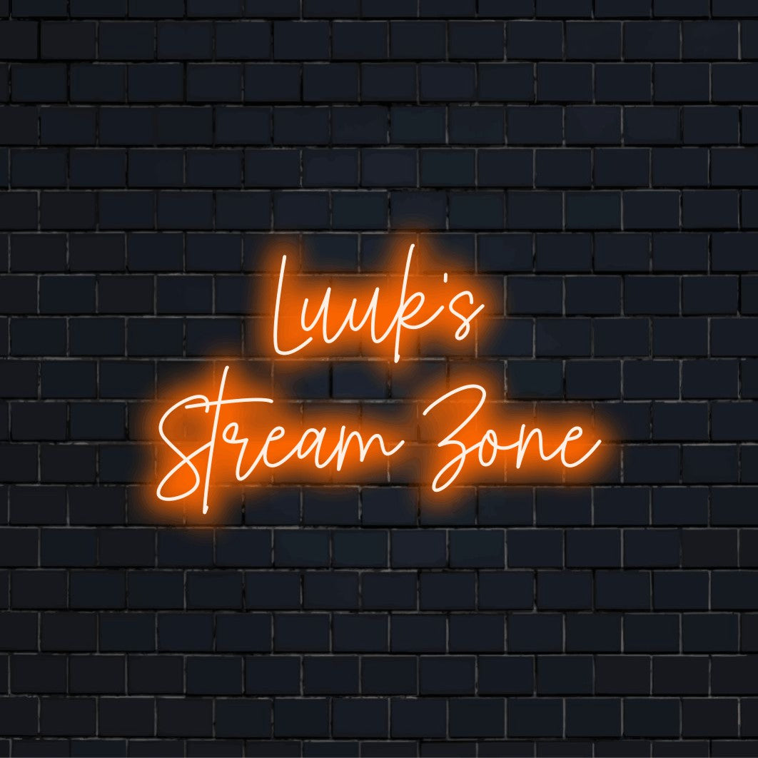 Luuk_s Stream Zone Custom Name Neon Sign, glowing lettering on dark brick wall