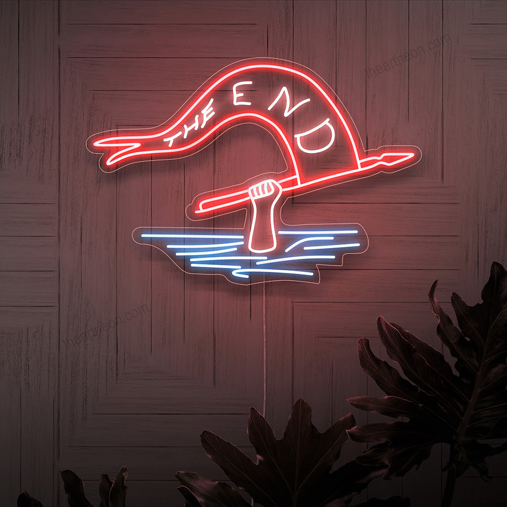 Das Neonschild zeigt einen Mann, der im Meer untergetaucht gefunden wurde und in der Hand eine Flagge mit dem Ende hält. Mit seinem fesselnden Licht erzeugt es ein dramatisches und geheimnisvolles Dekor.