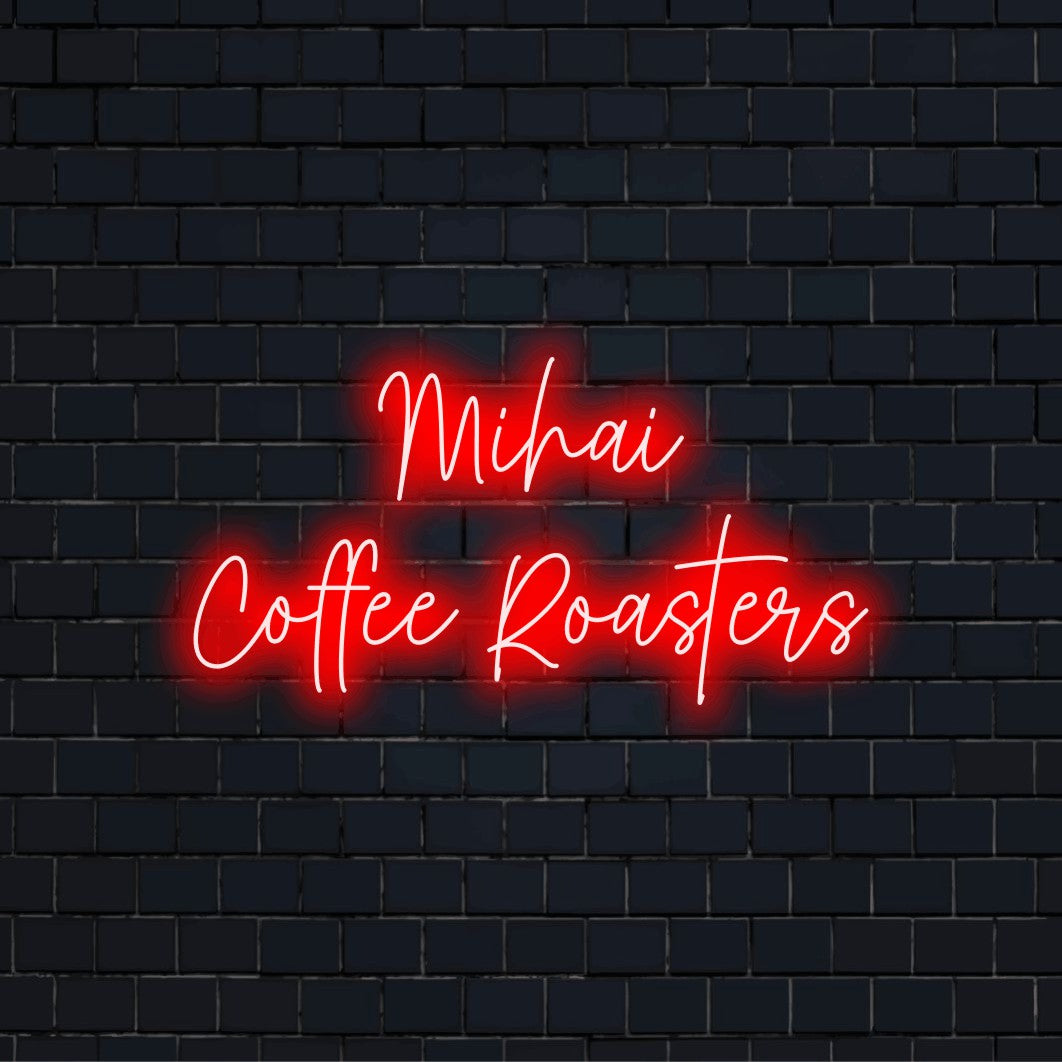 Mihai Coffee Roasters Custom Name Neon Sign, soft neon glow on dark brick wall