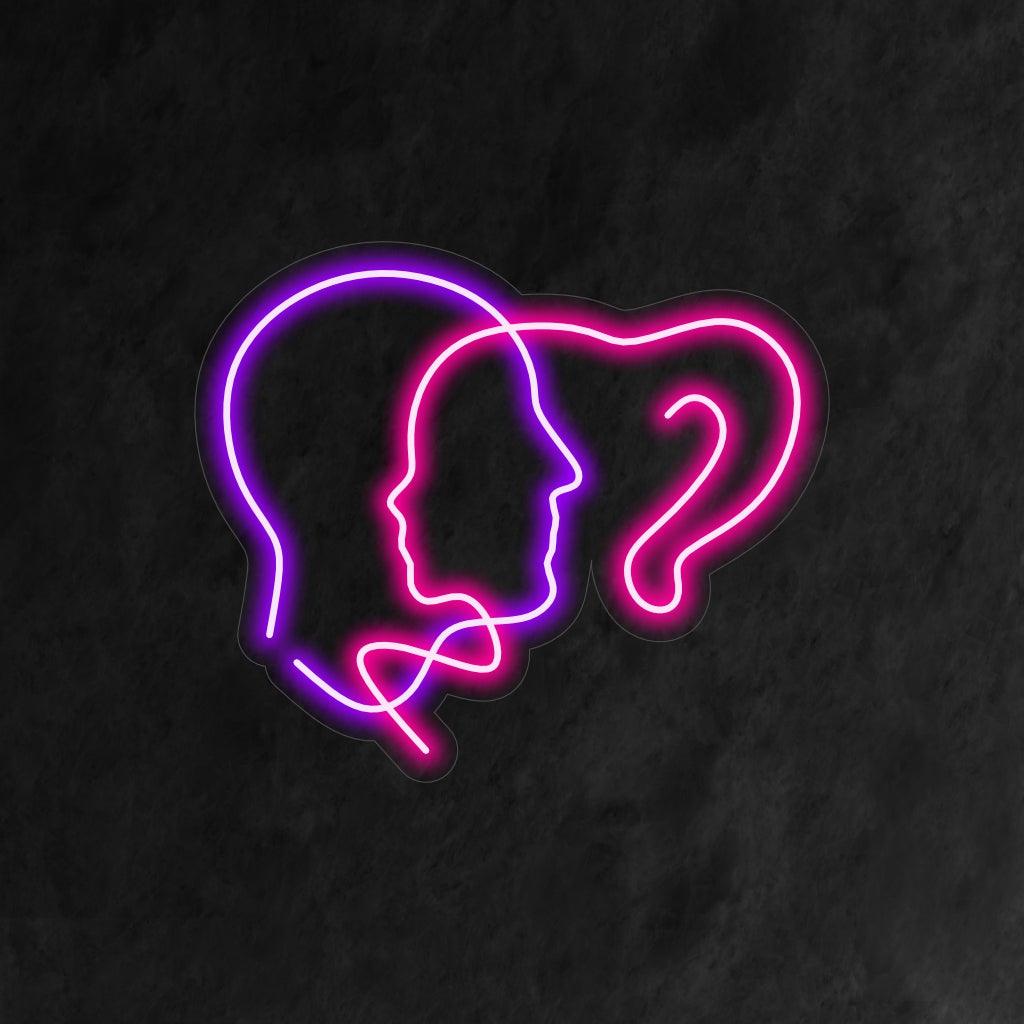 Ein minimalistisches Neonschild mit einem Paarporträt und ineinandergreifenden männlichen und weiblichen Gesichtern.