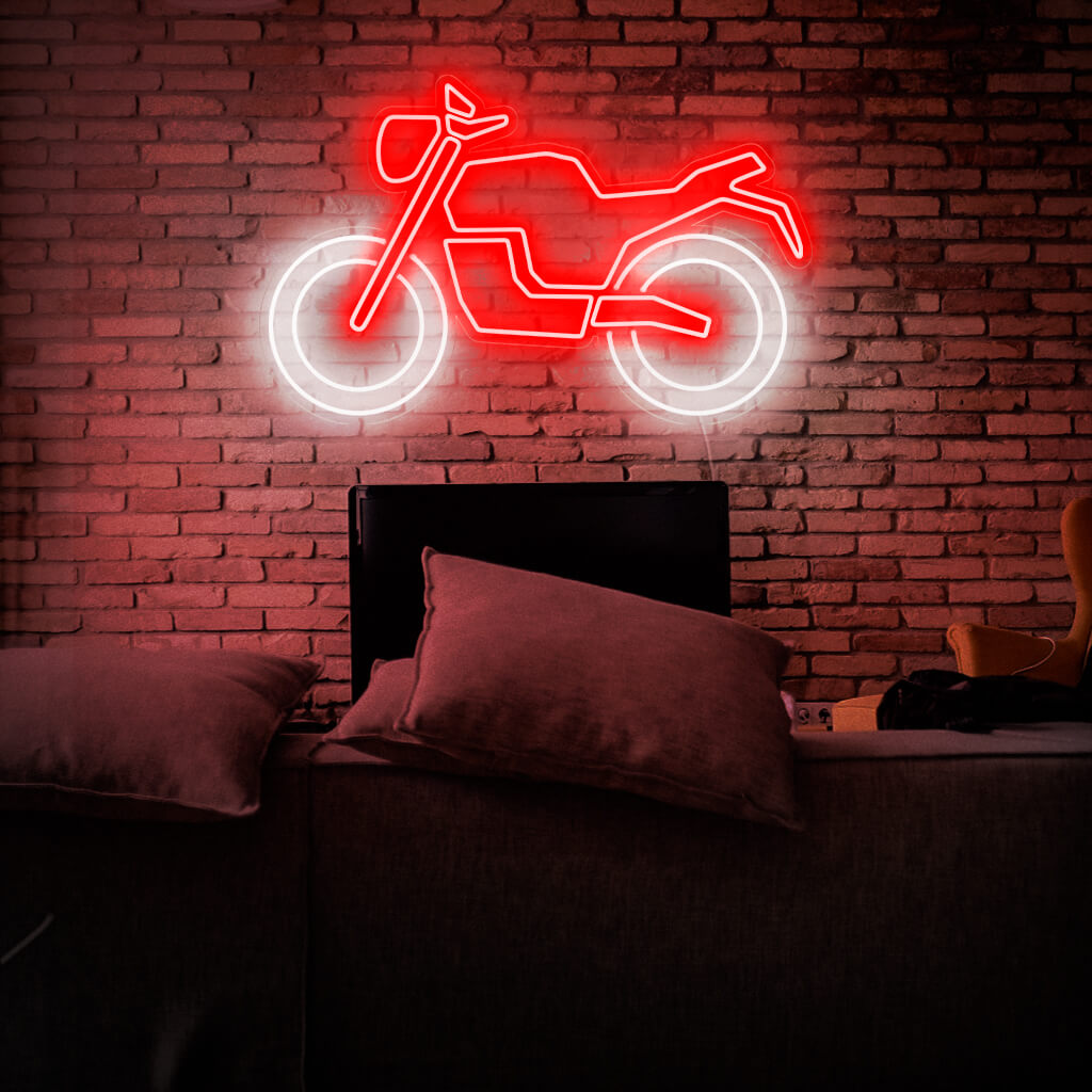 Lebendiges Motorrad-Neonschild, perfekt für eine Dekoration mit Motorradthema.