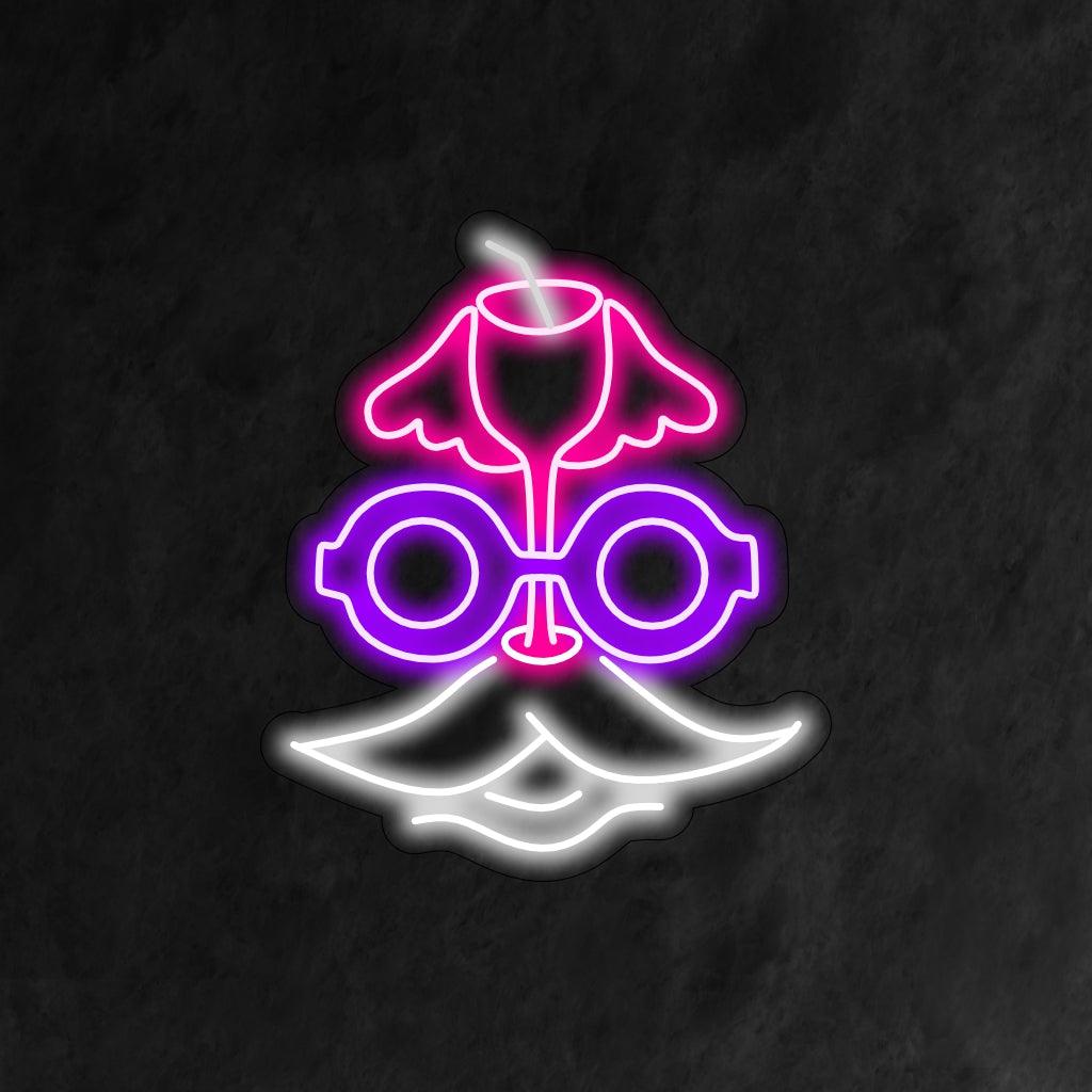 Ein Neonschild im Retro-Stil mit einem charmanten Gesicht mit stylischem Schnurrbart, trendiger Brille und einem Cocktail in der Hand.