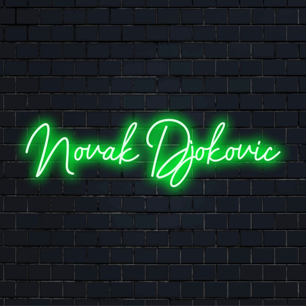 Novak Djokovic LED Neon Sign, glowing lettering on dark brick background