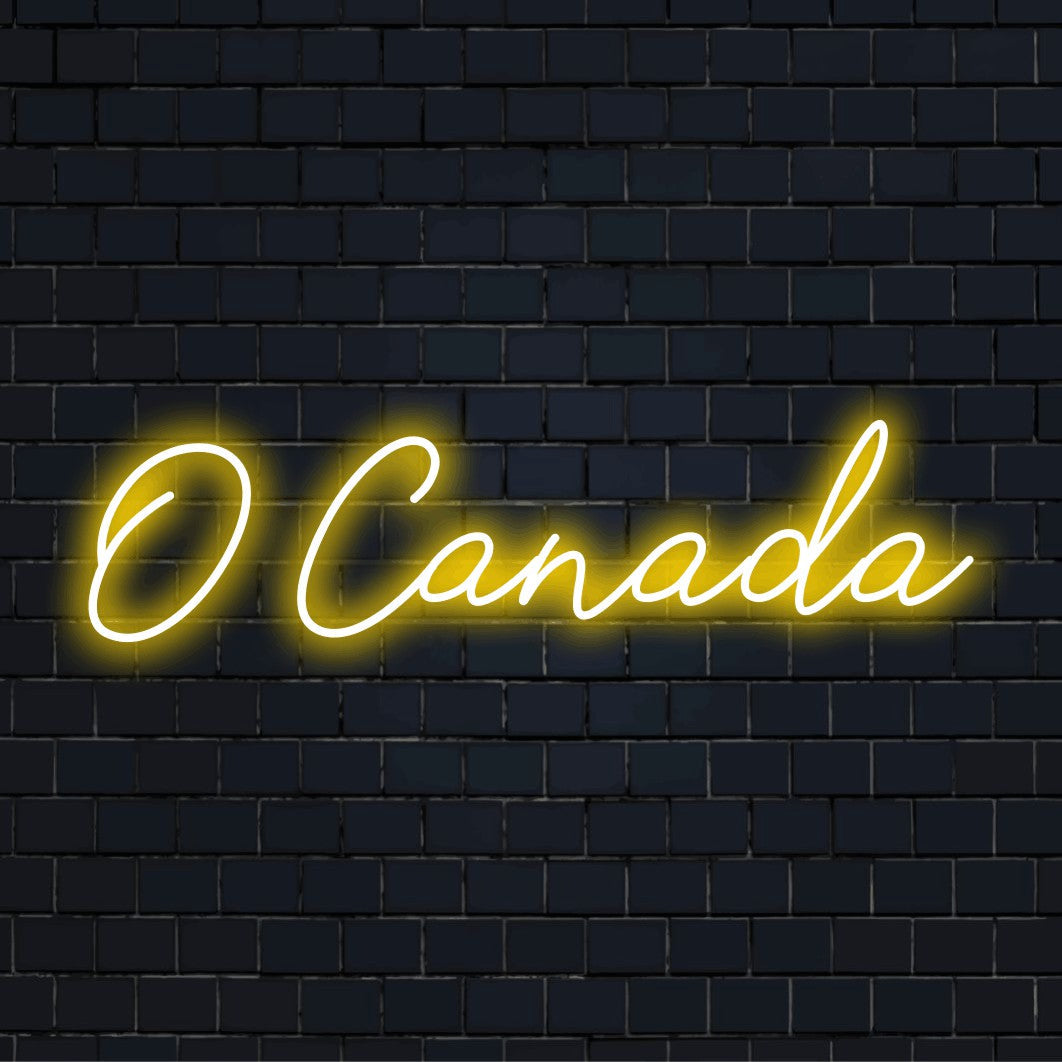 O Canada LED Neon Sign, bright LED glow on dark brick background
