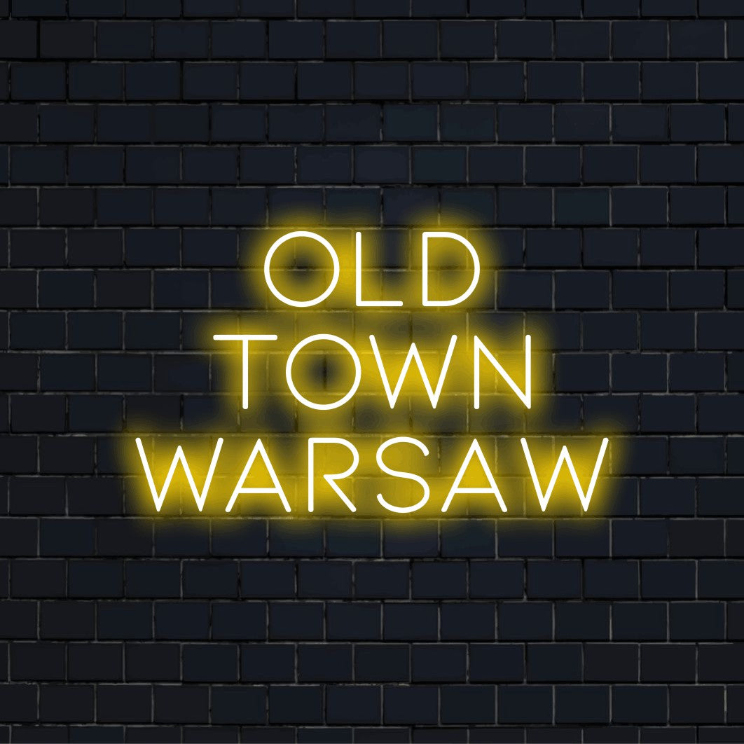 Old Town Warsaw LED Neon Sign, soft neon glow against black brick wall