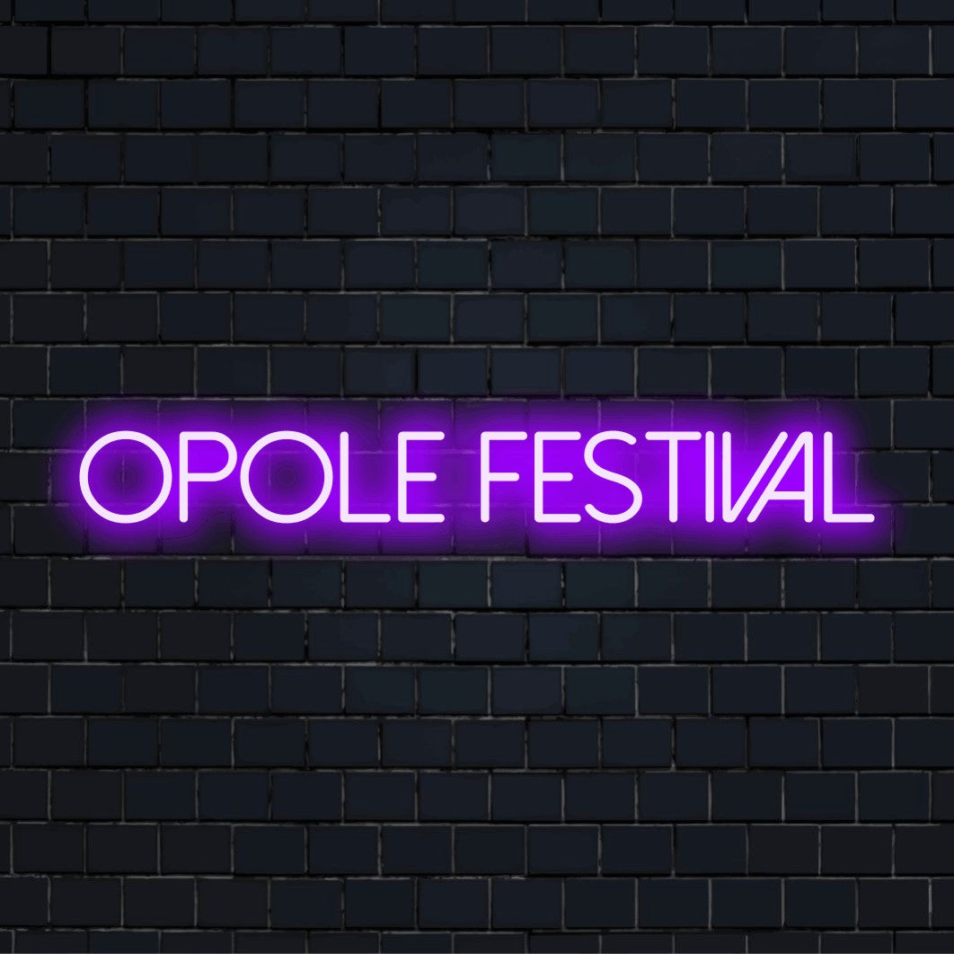 Opole Festival LED Neon Sign, bright neon lettering on dark brick wall
