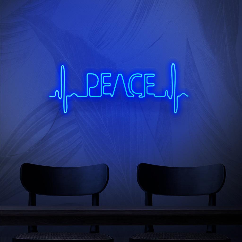 Ein faszinierendes Neonschild mit einem pulsierenden Herzschlagmuster und dem Wort „Peace“ dazwischen, das eine harmonische Mischung aus Ruhe und Liebe darstellt.