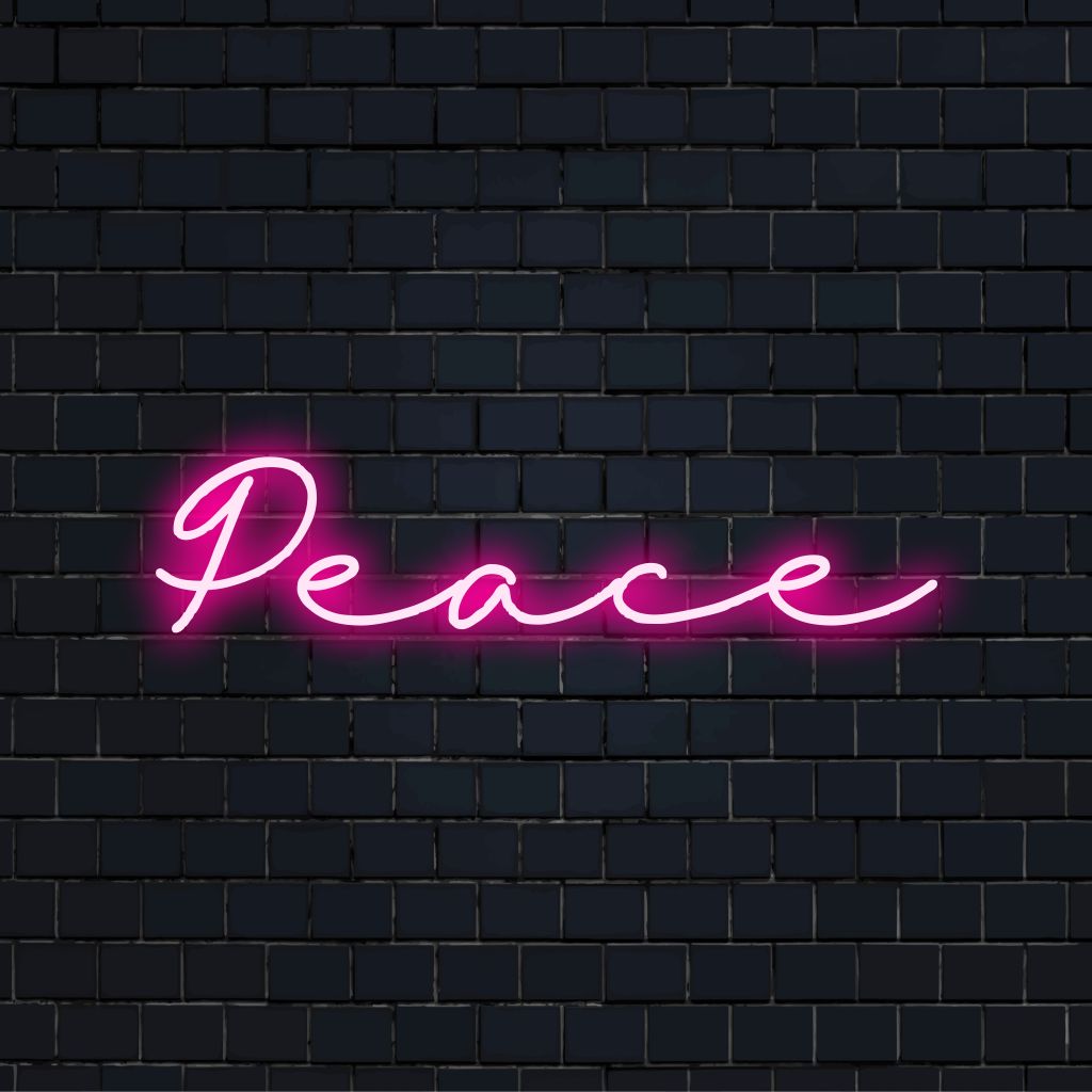 Peace Neon Light with bright neon lettering on black brick background