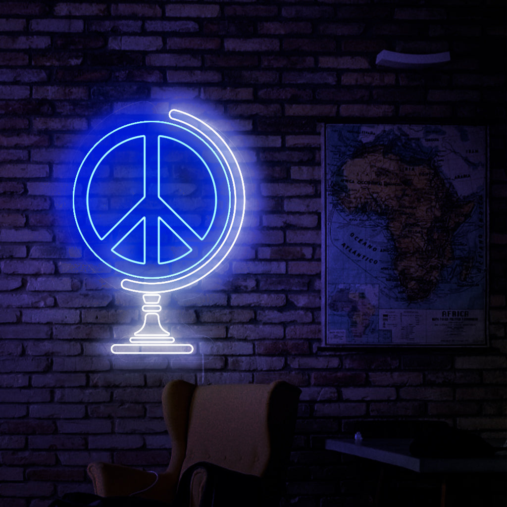 Ein Neonschild mit Friedenssymbol für eine friedensbezogene Dekoration, das ein lebendiges und fesselndes Licht ausstrahlt.