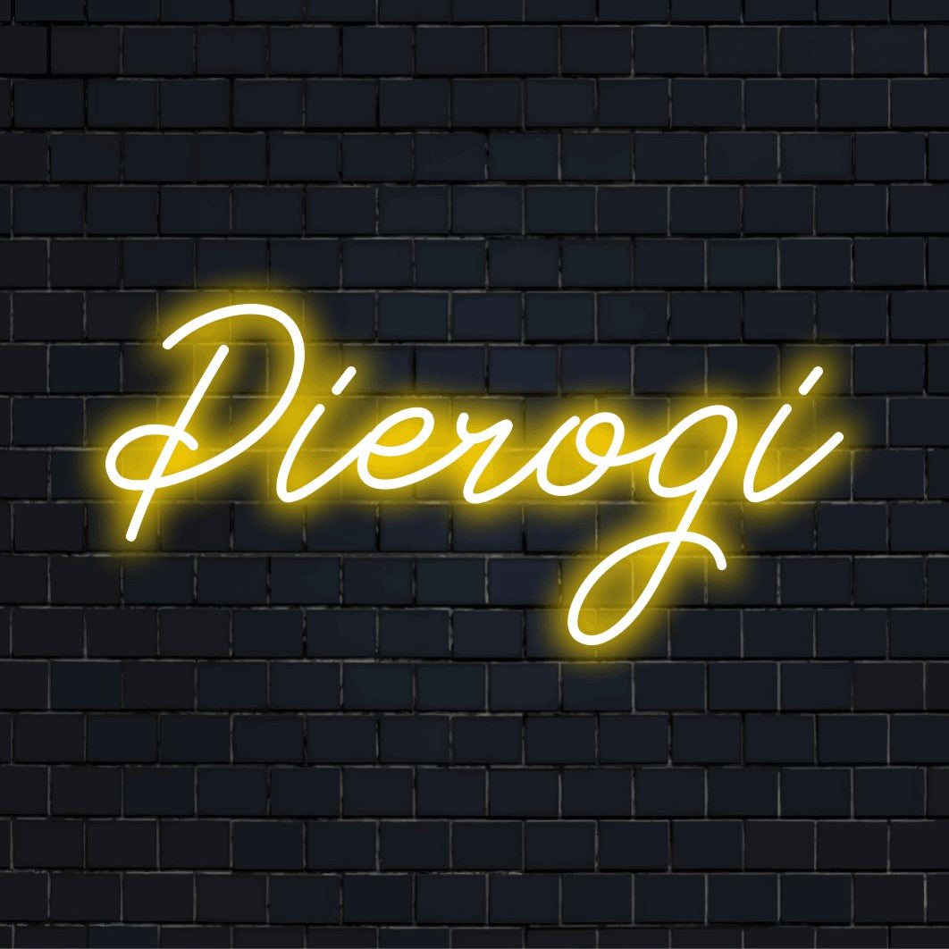Pierogi Neon Sign, bright neon lettering on black brick background