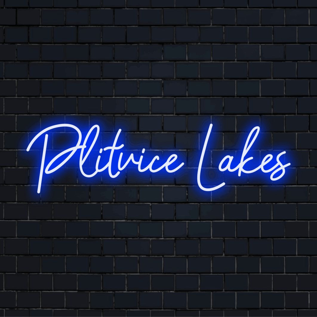 Plitvice Lakes Neon Light with soft neon glow on black brick background