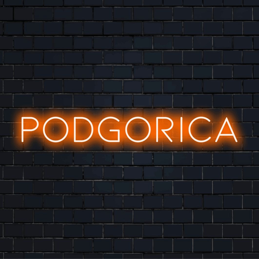 Podgorica LED Neon Sign, soft neon glow against brick backdrop