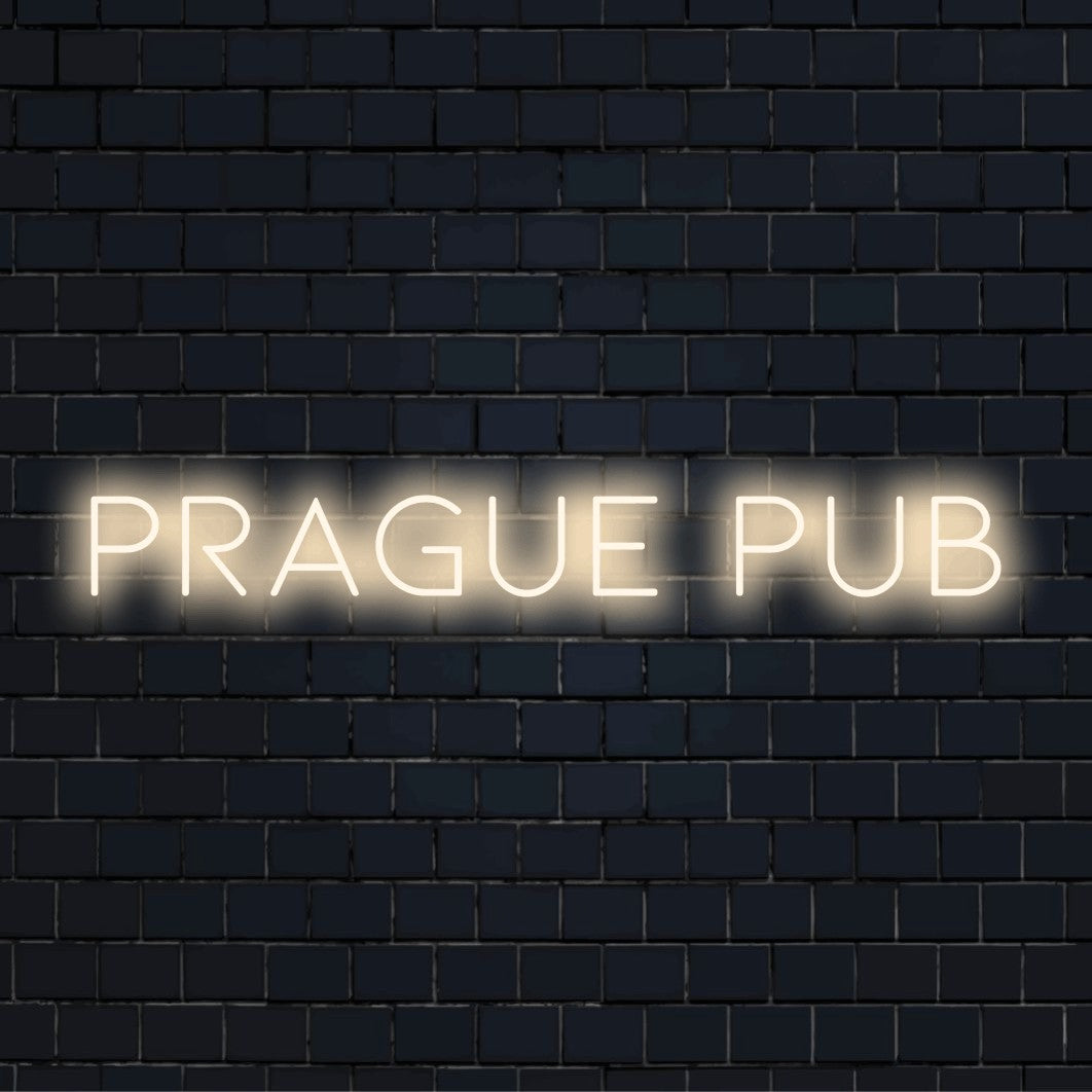 Prague Pub LED Neon Sign, neon text light on dark brick background