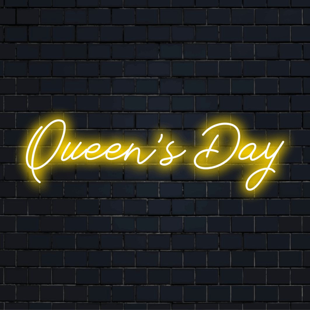 Queen S Day LED Neon Sign, glowing wall decor against brick backdrop