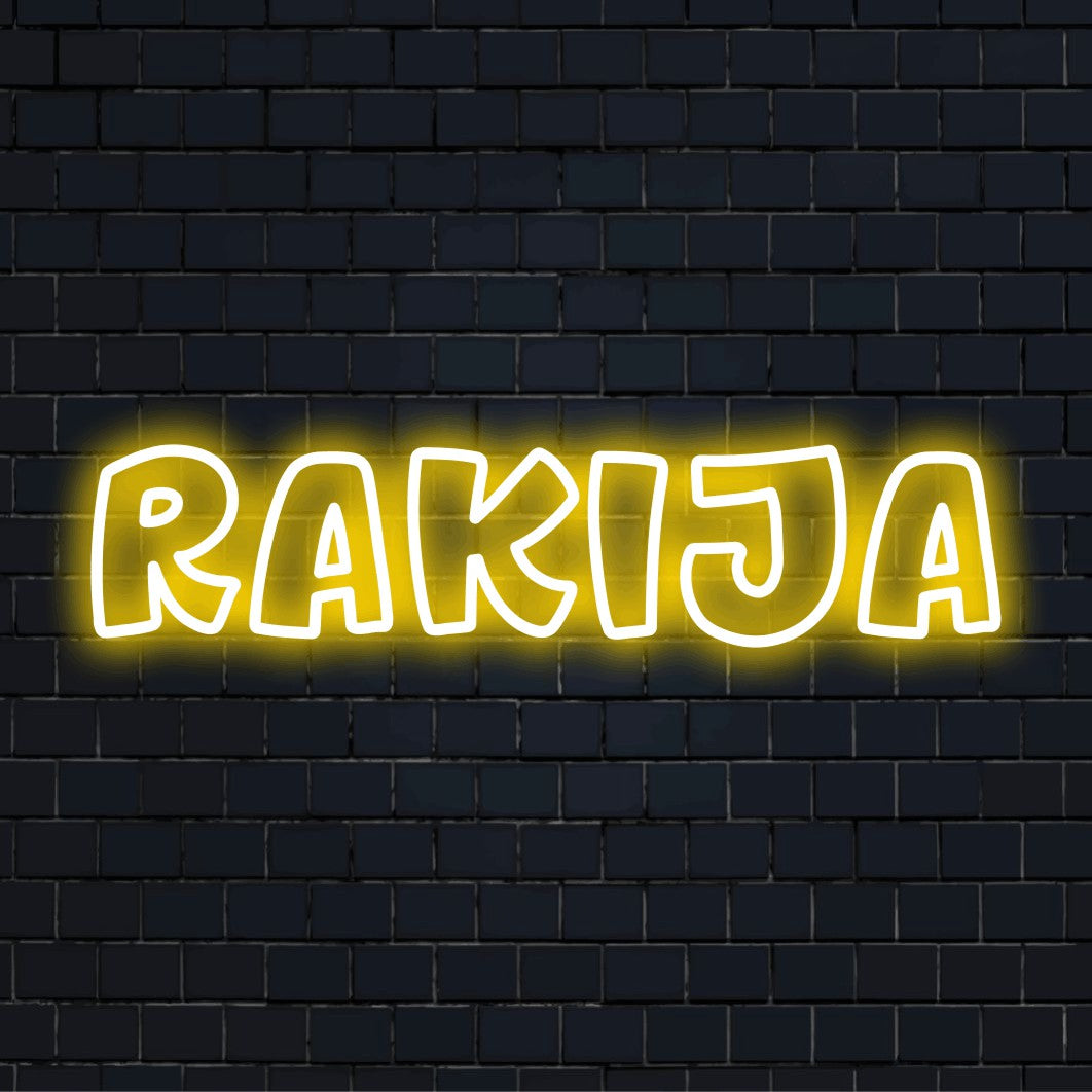 Rakija LED Neon Sign, bright LED glow on dark brick wall