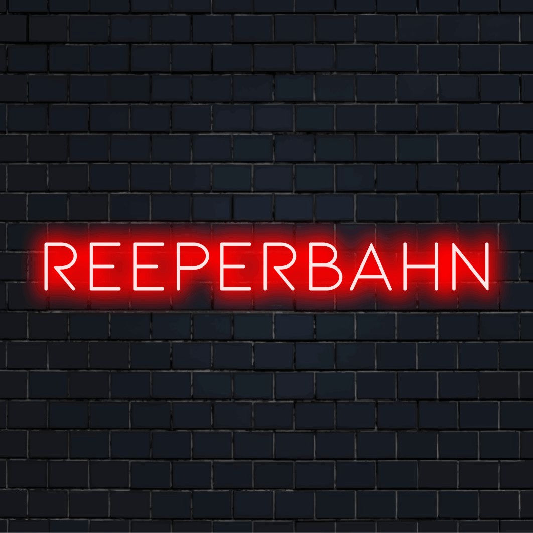 Reeperbahn Neon Sign, bright LED glow on dark brick background