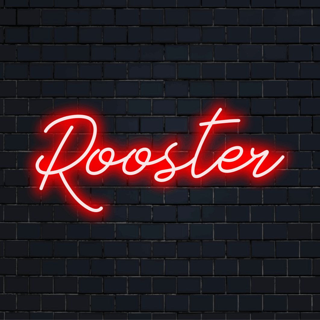 Rooster Neon Sign, soft neon glow on dark brick wall
