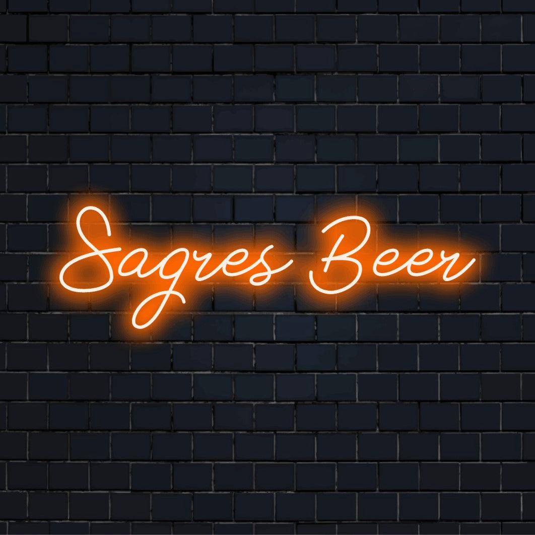 Sagres Beer Neon Light with neon text light on dark brick wall