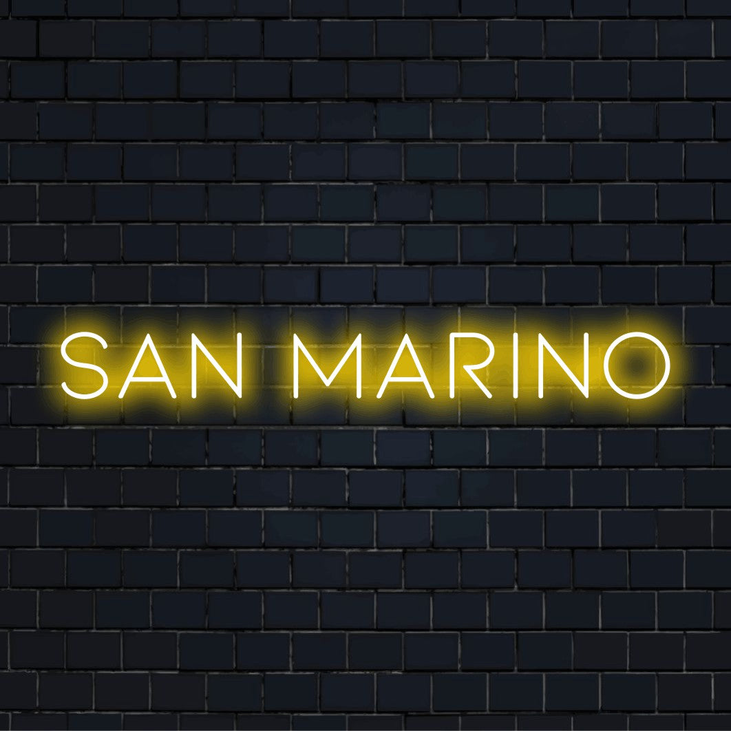 San Marino Neon Light with bright LED glow on dark brick wall