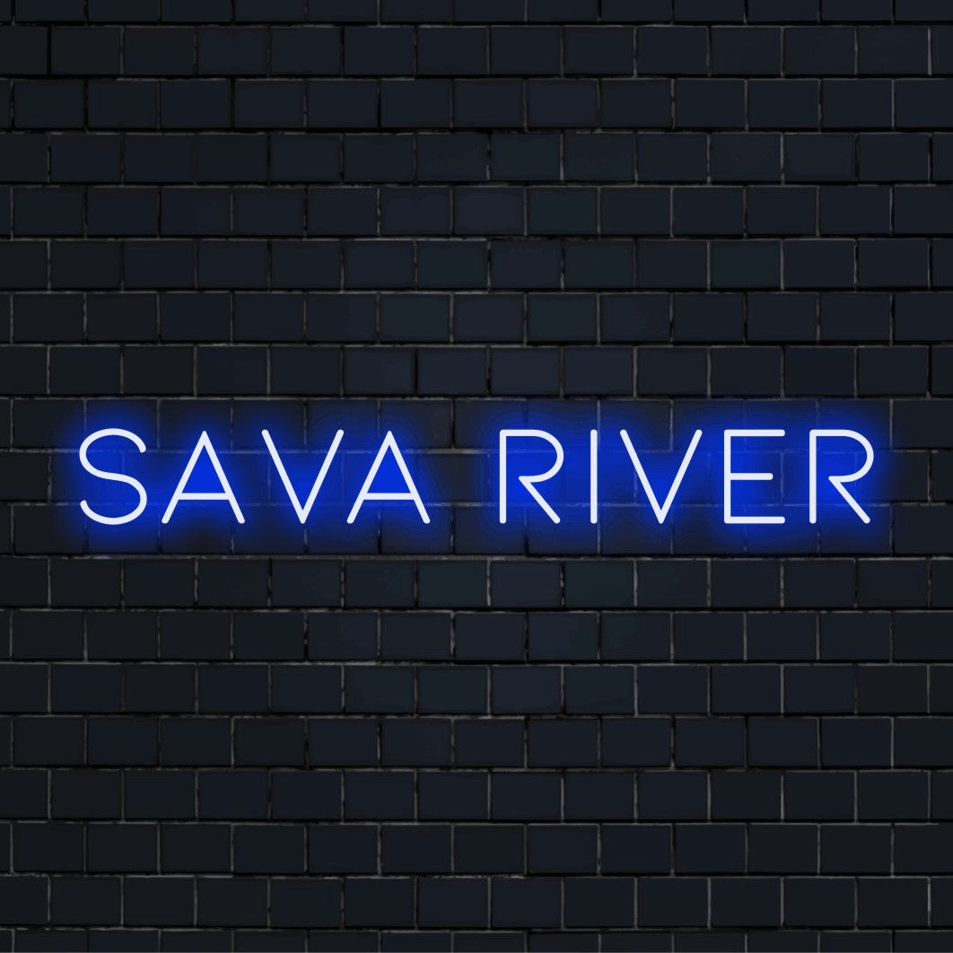 Sava River Neon Light with glowing wall decor on dark brick wall