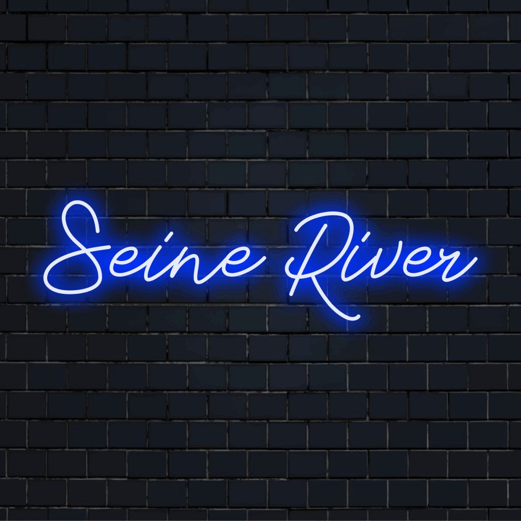 Seine River Neon Light with glowing lettering on dark brick background