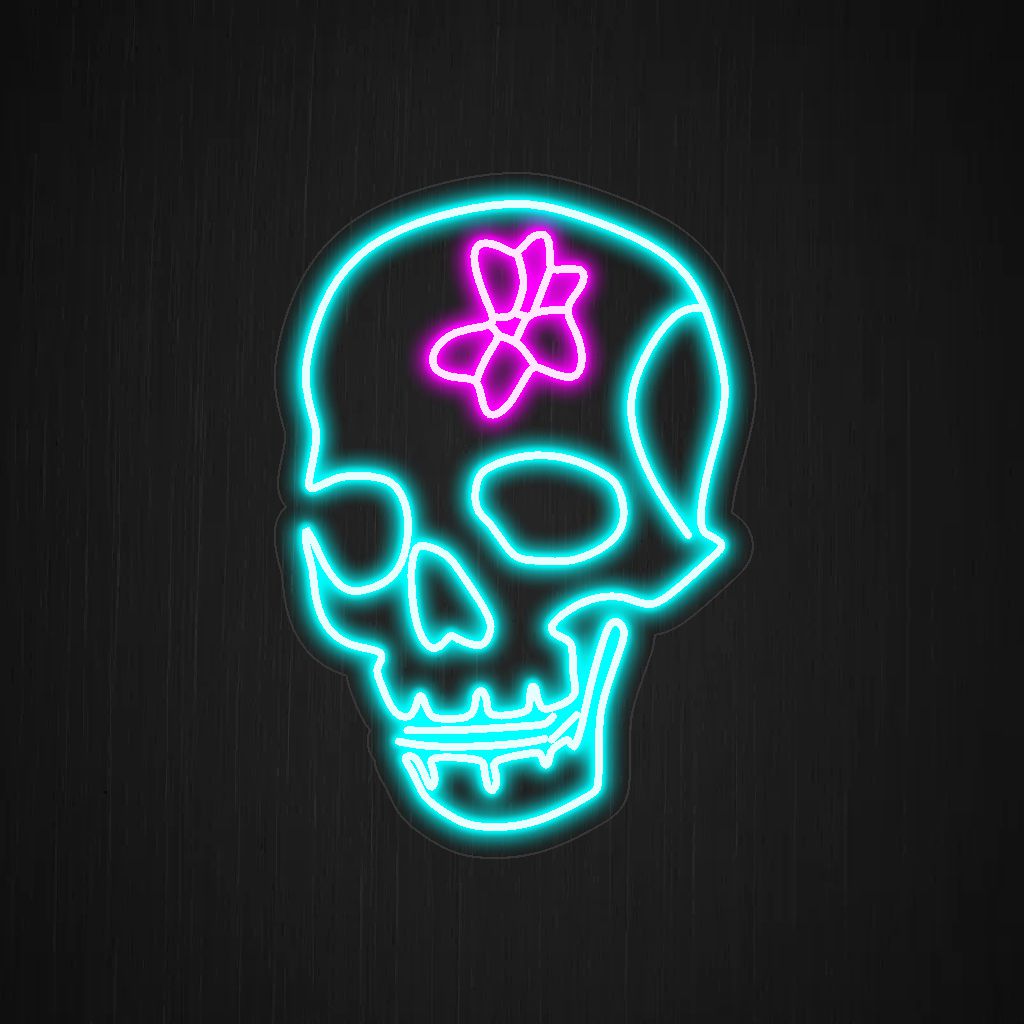 Totenkopf mit Blume auf dem Kopf Neonschild, eine fesselnde Fusion aus floralen und alternativen Elementen