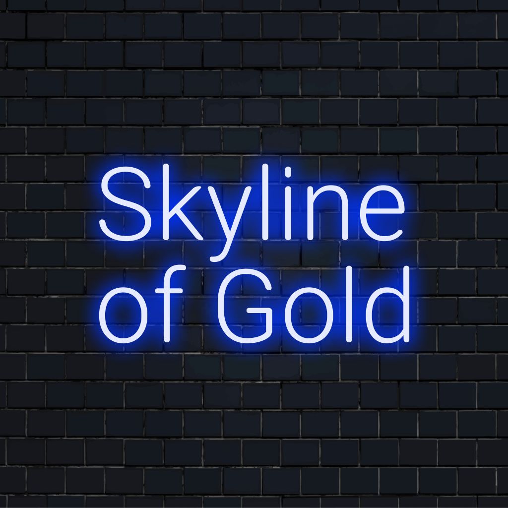 Skyline Of Gold Neon Sign, glowing wall decor against brick backdrop