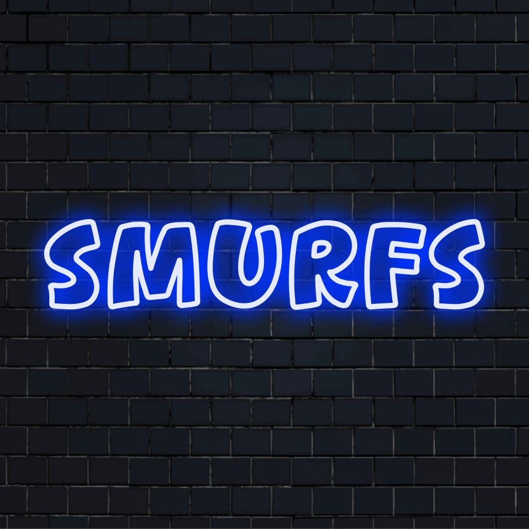 Smurfs LED Neon Sign, neon text light on dark brick background